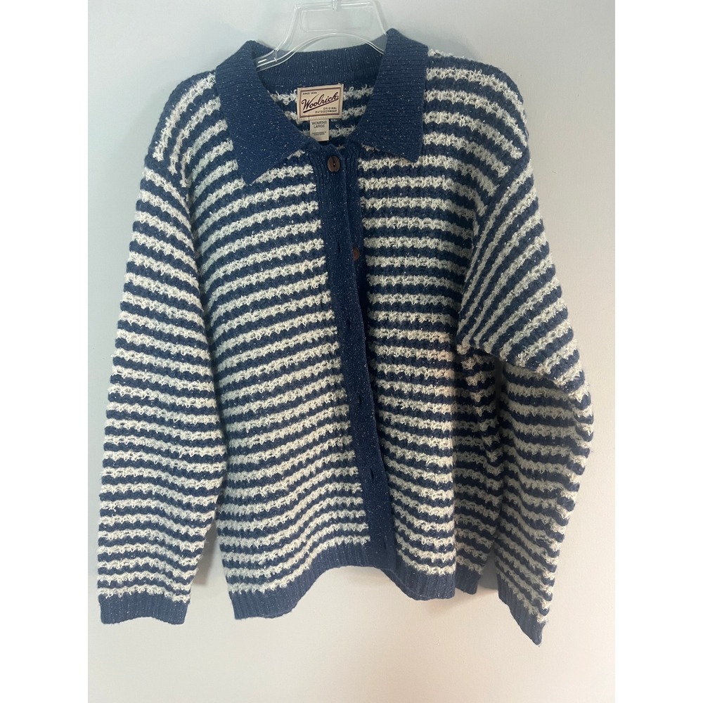 Vintage Woolrich Striped Wool Silk Blend Cardigan Sweater Blue Cream Large